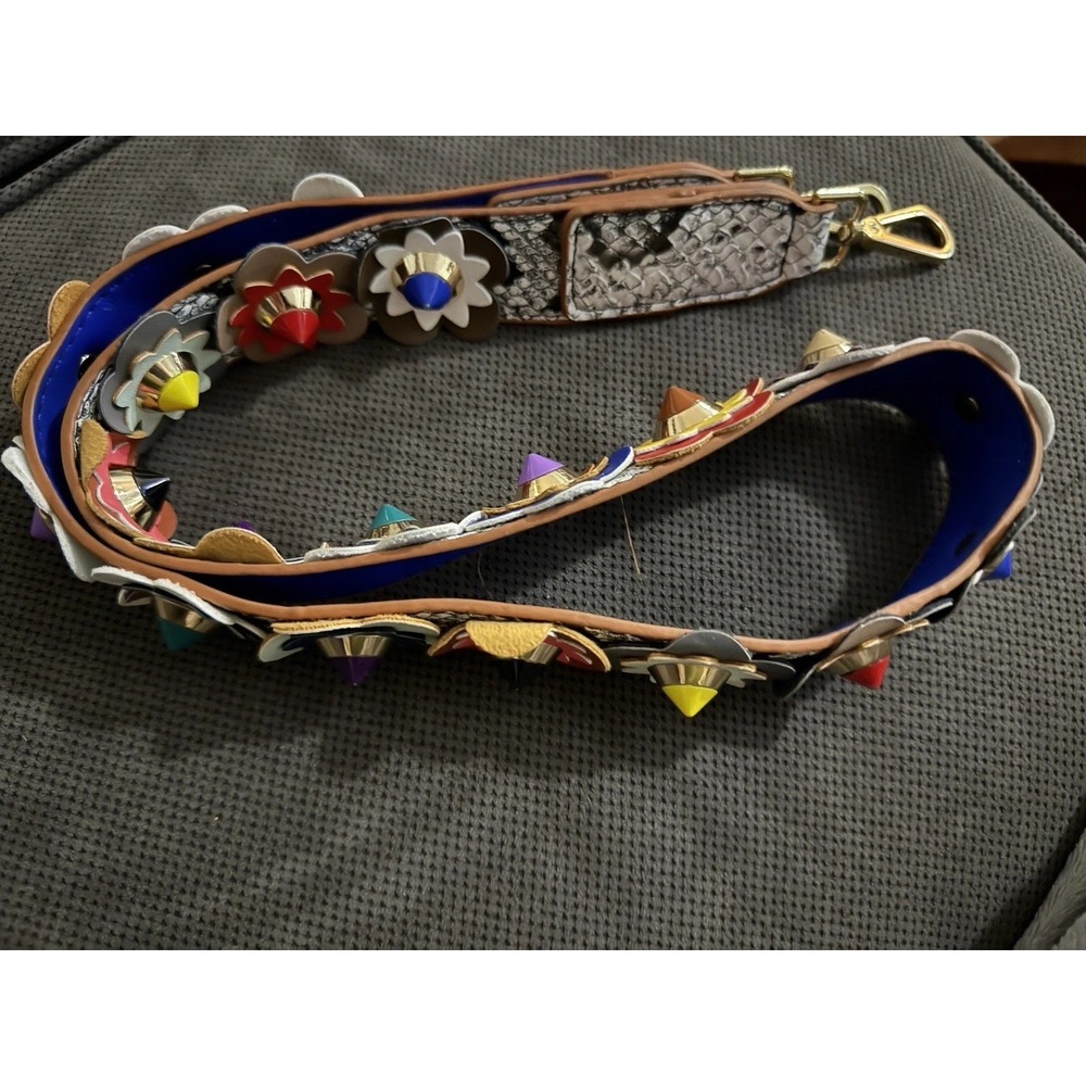 FENDI Strap You Long Shoulder Studs Flower Leather Multicolor Auth From Japan